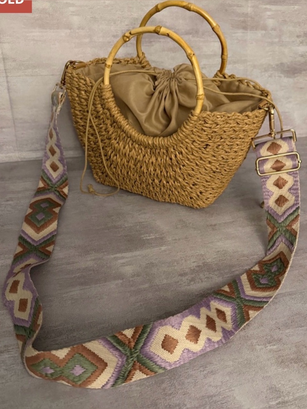 SAVANNA Natural Woven Straw Handbag w/ Bamboo Handles & Patterned Strap